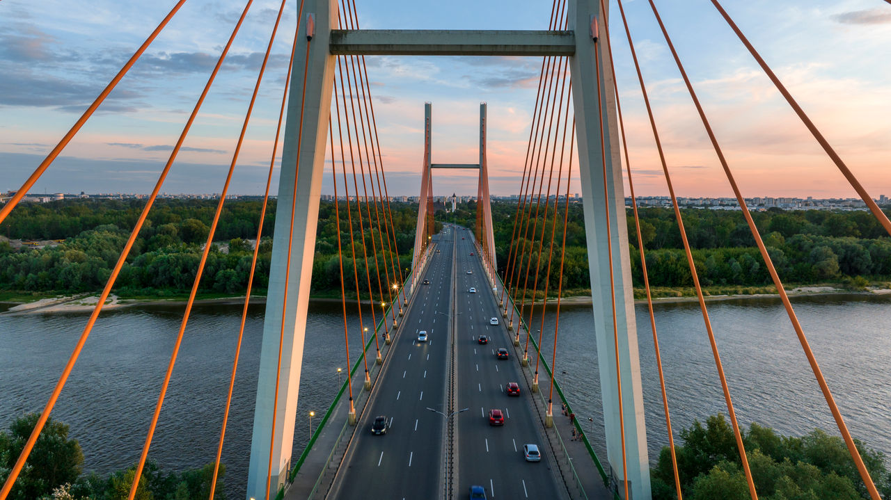 Drone photo of Siekierkowski Bridge  in Warsaw capital city during sundown