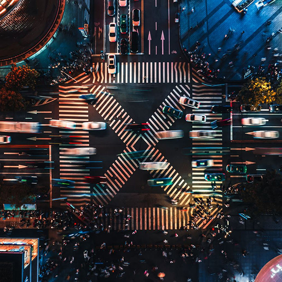 Traffic across a busy crosswalk