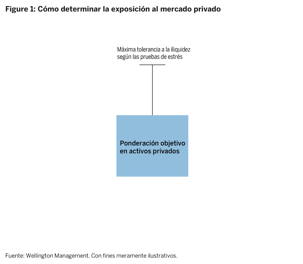 Animación que ilustra cómo determinamos el tamaño de una asignación a mercados privados con un límite superior basado en la tolerancia a la iliquidez y un límite inferior basado en la necesidad de rentabilidad.